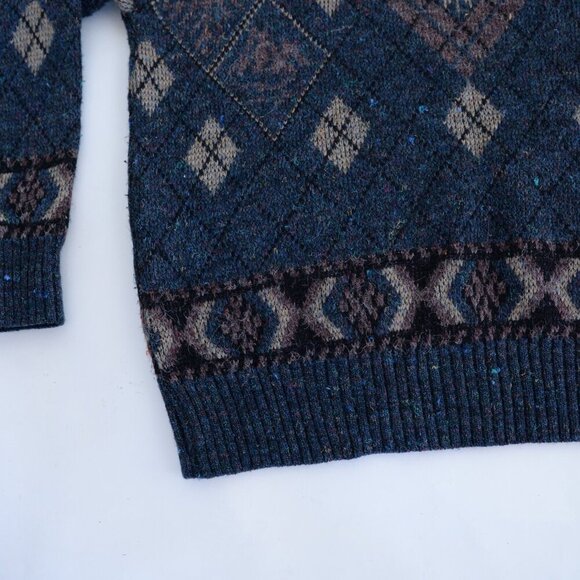 VTG 80s London Fog Blue Taupe Argyle Eclectic Grandpa Wool Crew Neck Sweater L - Picture 9 of 10